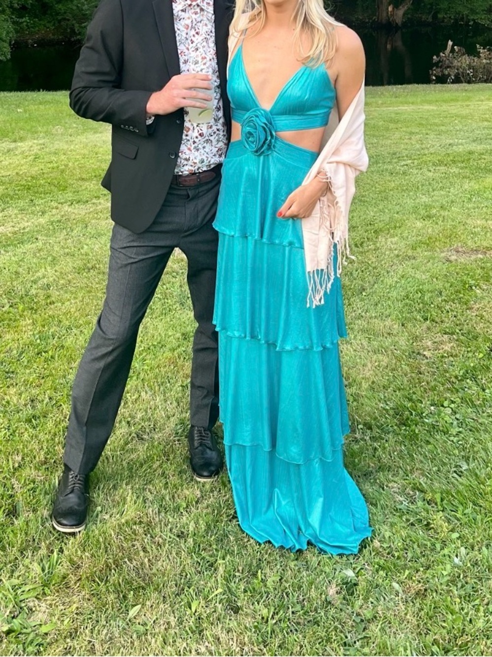 Turquoise Tiered Cutout Maxi Dress with Rosette Accent